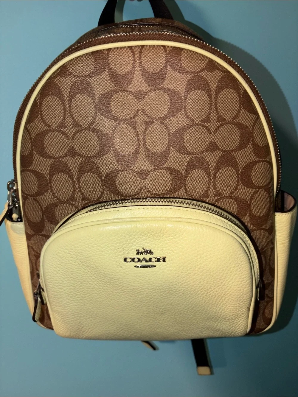 Coach Brown Signature Canvas Backpack with Yellow Leather Trim